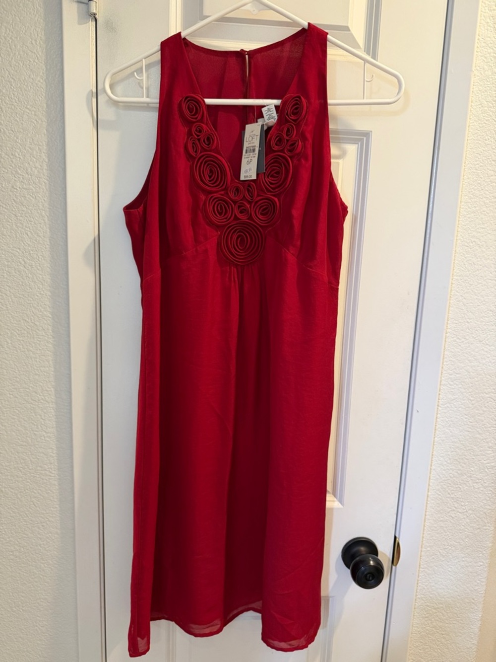 LOFT Red Sleeveless Midi Dress with Floral Rosette Neckline
